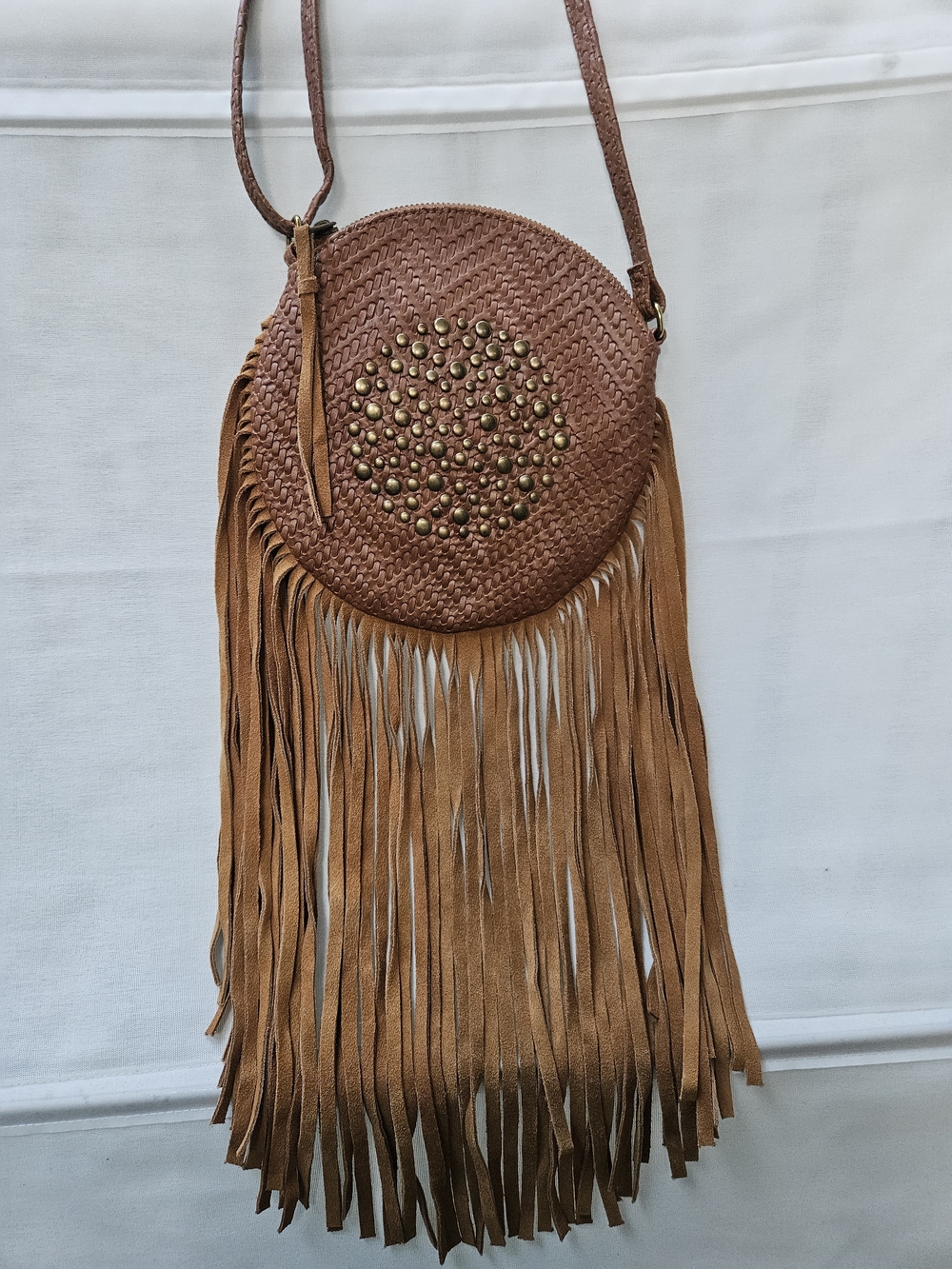 Target Boho Brown Woven Round Crossbody Bag Fringe Studded Festival Purse